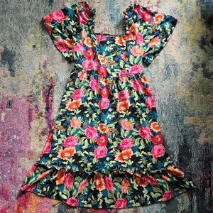 Floral Ruffle Babydoll Midi Dress with Wide Sleeves & Shirred Back